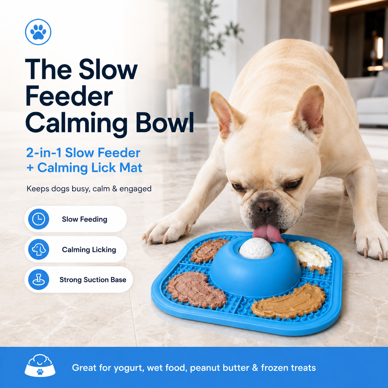 Dog licking the textured zones of the Calm Bowl