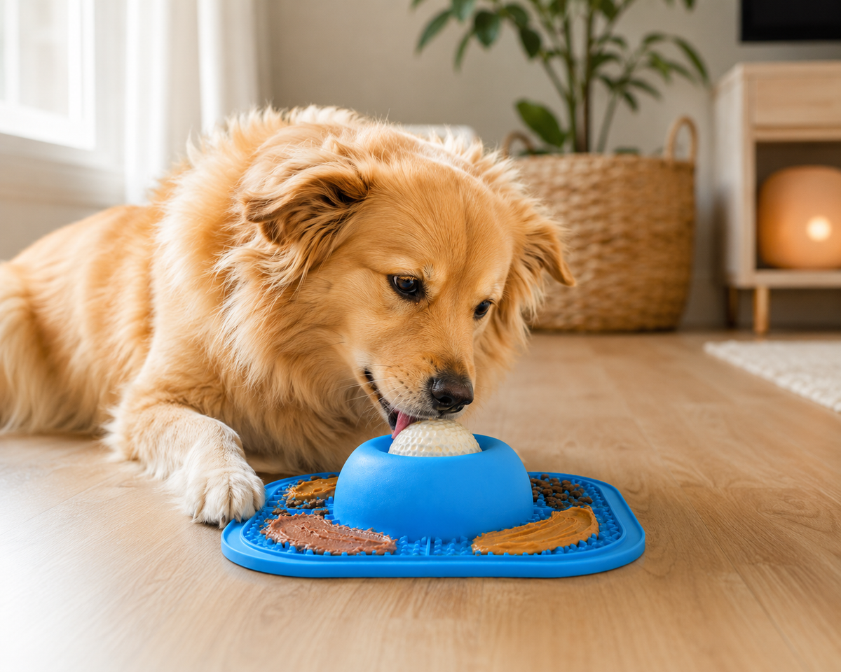 Relaxed dog licking the Calm Bowl