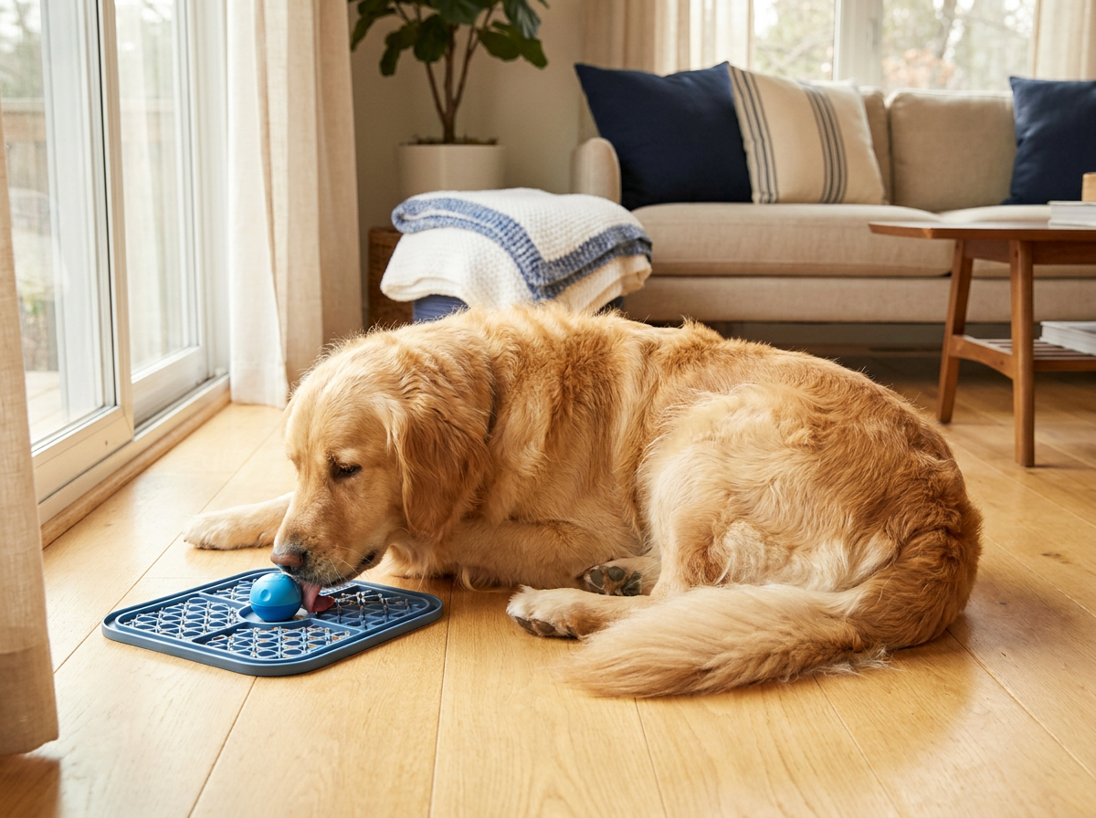 A calm golden retriever enjoying the PupHush Calm Bowl at home