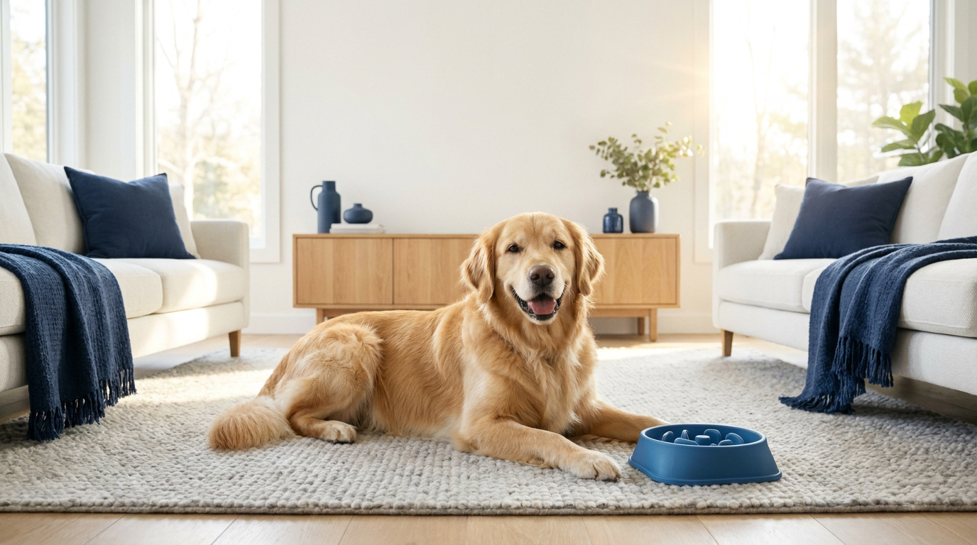 Relaxed dog at home next to the PupHush Calm Bowl